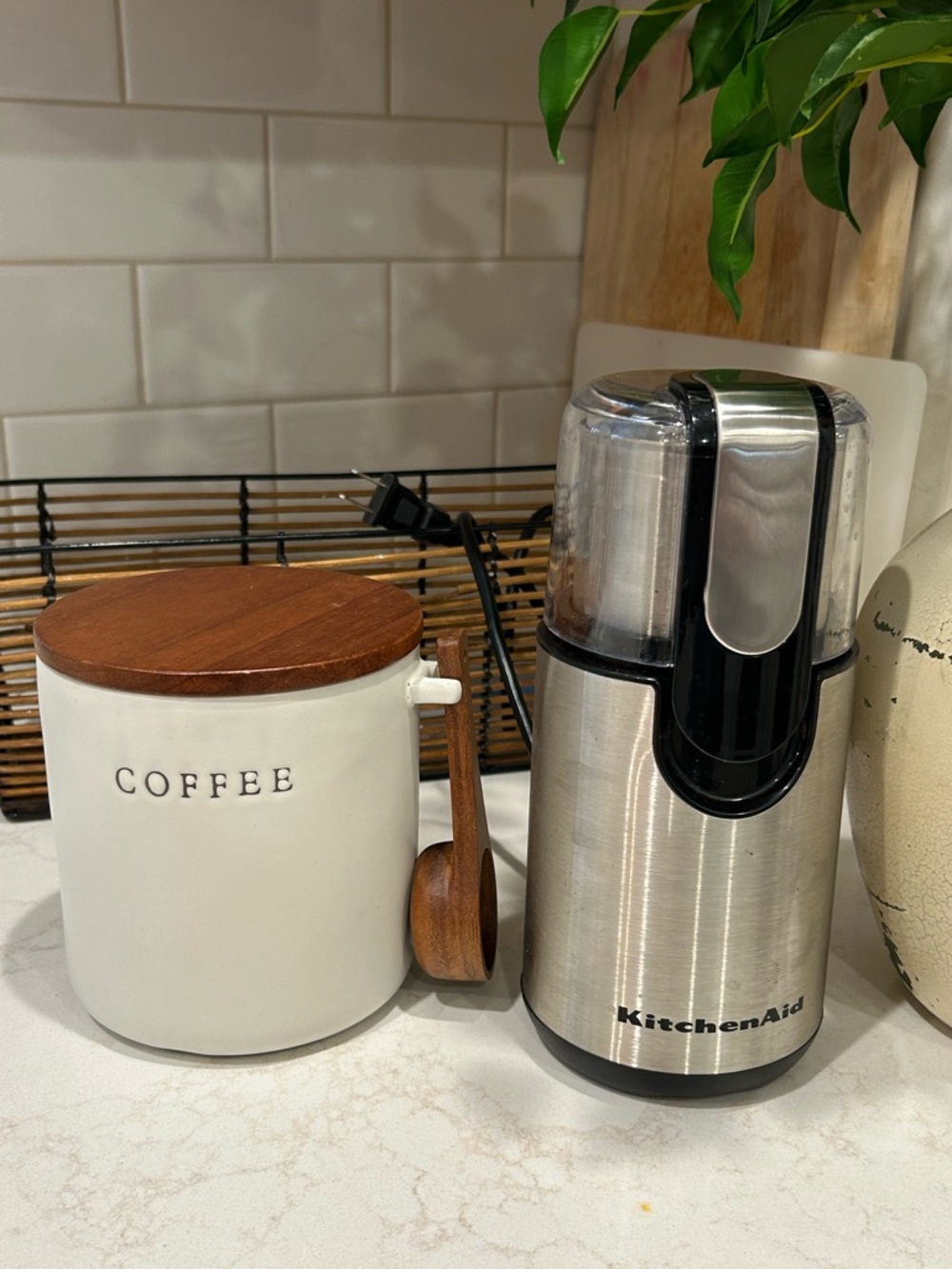 Kitchen Aid coffee grinder Stoneware coffee canister with scoop.  Barely used.